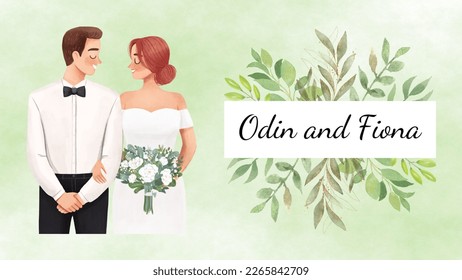 Plantilla de la tarjeta de invitación a boda color agua verde con decoración de hoja. Resumen de fondo guardar la fecha, invitación, tarjeta de saludo, vector multipropósito. Novia y novio. Vestido tradicional de boda.