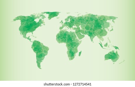 Green watercolor world map vector illustration with different continents of the globe in light background