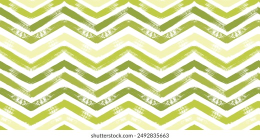 Green watercolor zigzag stripes, seamless vector pattern, chevron background, brush textured geometric print.