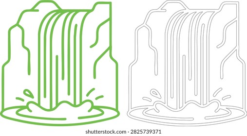 A green waterfall with splashes and its outline, showcasing a natural water feature.