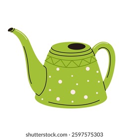 A green watering can for watering the garden with polka dots. Garden sprinkler for growing plants. Vector illustration in flat style, isolated on a white background