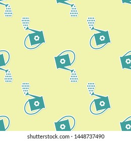 Green Watering can icon isolated seamless pattern on yellow background. Irrigation symbol.  Vector Illustration