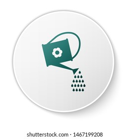 Green Watering can icon isolated on white background. Irrigation symbol. White circle button. Vector Illustration