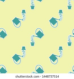 Green Watering can sprays water drops above flower in pot icon isolated seamless pattern on yellow background. Irrigation symbol.  Vector Illustration