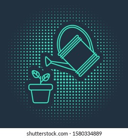 Green Watering can sprays water drops above plant in pot icon isolated on blue background. Irrigation symbol. Abstract circle random dots. Vector Illustration