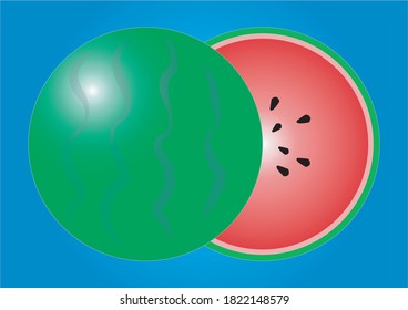 Grüne Wassermelone Hellrot im vollen und halb blauen Hintergrund