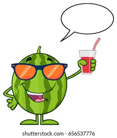 Green Watermelon Fresh Fruit Cartoon Mascot Character With Sunglasses Holding Up A Glass Of Juice. Vector Illustration Isolated On White Background With Speech Bubble