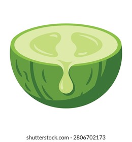 A green watermelon half with juice dripping down on a white background, fresh and juicy