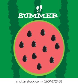 Green watermelon with round red slice and black seeds. Fresh summer fruit. It can be used in the design of a menu, cards, and flyers. Vector illustration in flat design.
