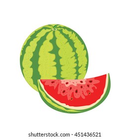 Green watermelon and slice on a white background. For icons, textiles and creative design.