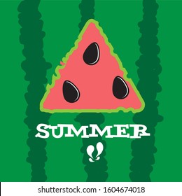 Green watermelon with triangle red slice and black seeds. Fresh summer fruit. It can be used in the design of a menu, cards, and flyers. Vector illustration in flat design.