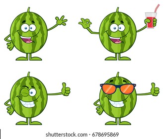 Green Watermelons Fruit Cartoon Mascot Character Series Set 1. Vector Collection Isolated On White Background