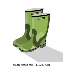 Green waterproof rubber boots isolated on white background. Gumboots for rainy weather. Vector illustration.