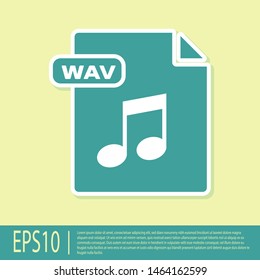 Green WAV file document. Download wav button icon isolated on yellow background. WAV waveform audio file format for digital audio riff files.  Vector Illustration