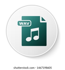 Green WAV file document. Download wav button icon isolated on white background. WAV waveform audio file format for digital audio riff files. White circle button. Vector Illustration