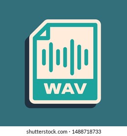 Green WAV file document. Download wav button icon isolated on blue background. WAV waveform audio file format for digital audio riff files. Long shadow style. Vector Illustration