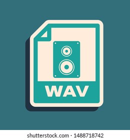 Green WAV file document. Download wav button icon isolated on blue background. WAV waveform audio file format for digital audio riff files. Long shadow style. Vector Illustration