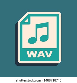 Green WAV file document. Download wav button icon isolated on blue background. WAV waveform audio file format for digital audio riff files. Long shadow style. Vector Illustration