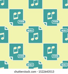 Green WAV file document. Download wav button icon isolated seamless pattern on yellow background. WAV waveform audio file format for digital audio riff files.  Vector Illustration