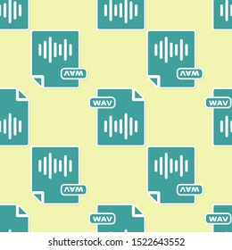 Green WAV file document. Download wav button icon isolated seamless pattern on yellow background. WAV waveform audio file format for digital audio riff files.  Vector Illustration