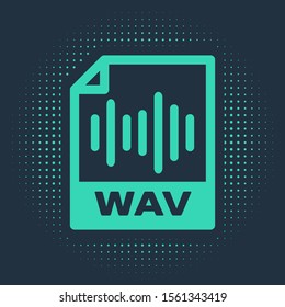 Green WAV file document. Download wav button icon isolated on blue background. WAV waveform audio file format for digital audio riff files. Abstract circle random dots. Vector Illustration