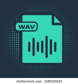 Green WAV file document. Download wav button icon isolated on blue background. WAV waveform audio file format for digital audio riff files. Abstract circle random dots. Vector Illustration