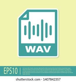 Green WAV file document icon. Download wav button icon isolated on yellow background. WAV waveform audio file format for digital audio riff files. Vector Illustration