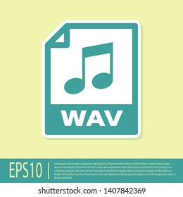 Green WAV file document icon. Download wav button icon isolated on yellow background. WAV waveform audio file format for digital audio riff files. Vector Illustration