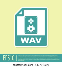 Green WAV file document icon. Download wav button icon isolated on yellow background. WAV waveform audio file format for digital audio riff files. Vector Illustration