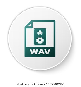 Green WAV file document icon. Download wav button icon isolated on white background. WAV waveform audio file format for digital audio riff files. White circle button. Vector Illustration