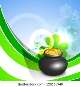 Green wave background with golden coins pot  for Happy St. Patrick's Day. EPS 10.