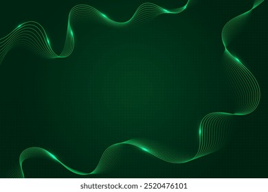 Green Wave Lines Pattern Background With Halftone And Glowing Light. Vector Illustration. Abstract Business Wallpaper. Banner