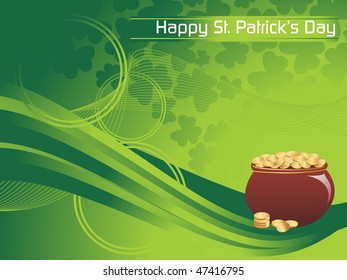 green wave, shamrock background with isolated gold coins earthenware