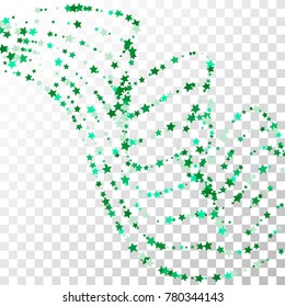 Green Wave Stars Confetti Lines on Transparent Background. Invitation Background. Banner, Greeting Card, Christmas and New Year card, Postcard, Packaging, Textile Print. Beautiful Starry Sky