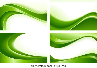 Green wave templates. Use of blends, clipping masks, linear and radial gradients, global color swatches. Artwork grouped and layered.