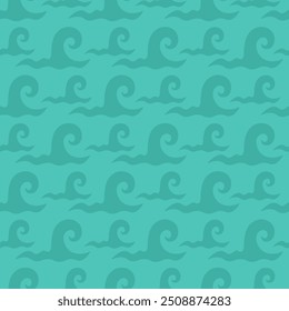 Green wave. Tsunami. Sea storm. Repeating vector pattern. Isolated green background. Flat style. Seamless endless ornament. Raging water. Water swirl. Idea for web design.