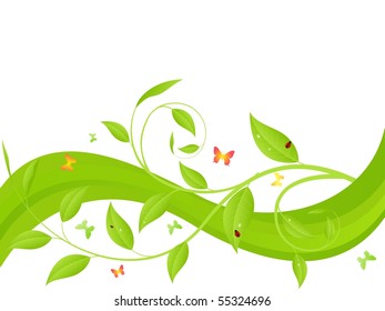 Green wave, young sapling with butterflies and ladybirds. Vector background, isolated on a white.