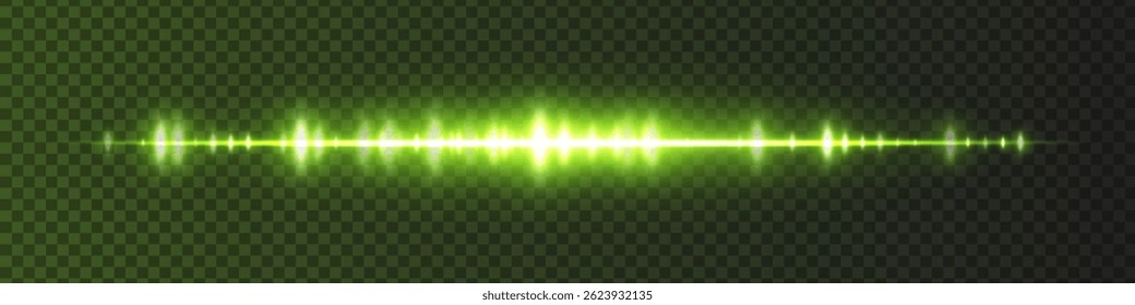 Green waveform with moderate glow and sharp amplitude peaks on dark transparent background. Great for sound recording apps, music editing interfaces, or streaming visuals.