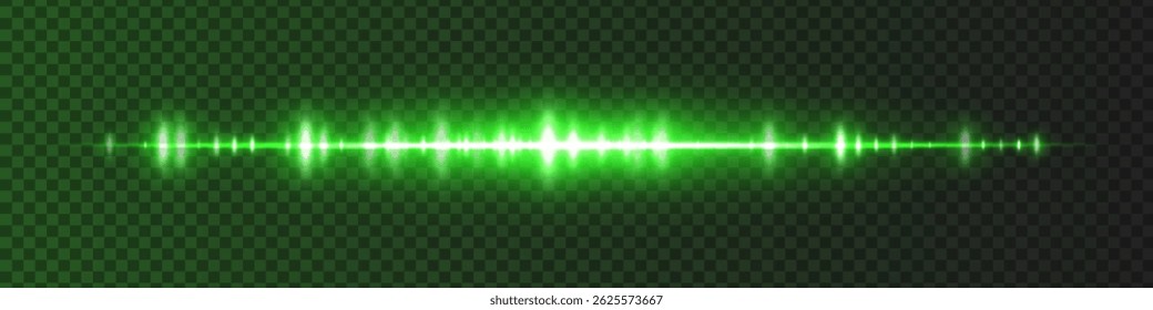Green waveform with moderate glow and sharp amplitude peaks on dark transparent background. Great for sound recording apps, music editing interfaces, or streaming visuals.