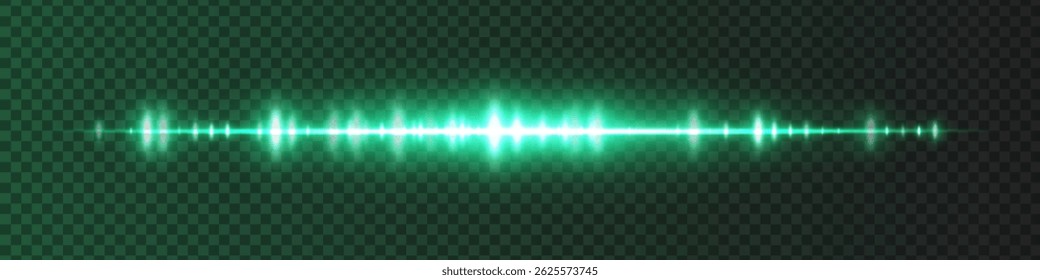 Green waveform with moderate glow and sharp amplitude peaks on dark transparent background. Great for sound recording apps, music editing interfaces, or streaming visuals.
