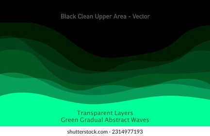 Green waves. Black abstract transparent layers. Underside, free under space. Pistachio gradual transition. Nature, health, meadow, deep, islam. Light dark background, upper area. Illustration vector