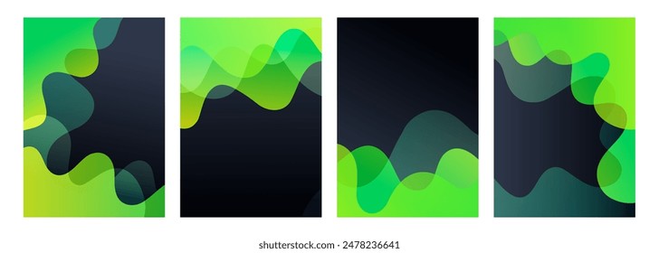 Ondas verdes. Conjunto de fondos abstractos con Gradientes de colores vibrantes dinámicos. Formas líquidas fluidas. Salpicaduras de color brillante. Ilustración vectorial.