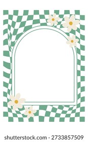 Green wavy checkered frame with soft white flowers in retro aesthetic. Perfect for eco design, invitations, posters, templates and prints.Vector illustration