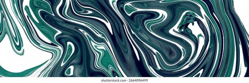 Green Wavy Fluid Abstract BG. Smaragd und blaues Öl Flüssigkeit Marmor Textur mit Glanz für Banner für Sommer-Ad-Designs. Dunkelgrüne und blaue flüssige Textur, glühender Marmoreffekt für modernes Design.