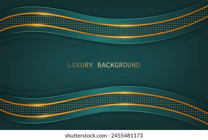 Green wavy with golden lines and dotted elements. Luxury background style. vector illustration