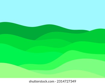 Green wavy landscape with blue sky in minimalist style. Summer landscape with fields and meadows. Typographic boho decor for wrappers, posters and interior design. Vector illustration