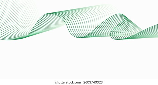 Green wavy lines background. Elegant motion flowing lines backdrop. Smooth green thin lines waves modern design for banner, brochure, website, ads, posters
