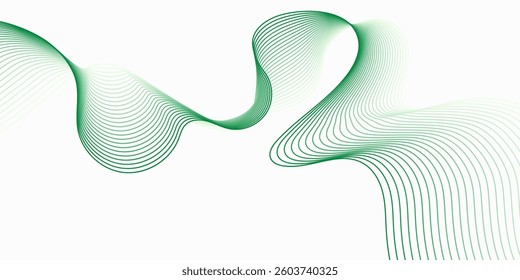 Green wavy lines background. Elegant motion flowing lines backdrop. Smooth green thin lines waves modern design for banner, brochure, website, ads, posters
