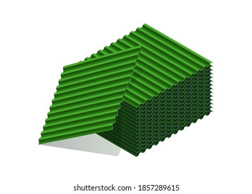 Green wavy slate. Stack of corrugated roofing sheets isolated on white background. Galvanized iron sheets isometric vector icon. Metal roof, metal siding, profiled sheeting for covering or fencing.