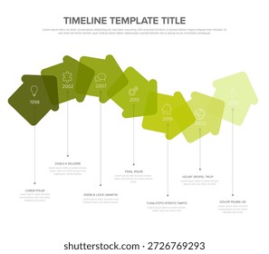 O modelo infográfico de linha de tempo ondulada verde mostra uma progressão cronológica com anos distintos e ícones associados. O modelo de cronograma representa dados históricos ou planos futuros de forma eficaz.